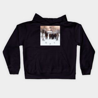 Four horses grazing on white snowy pasture Kids Hoodie